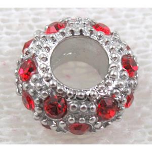 alloy bead with rhinestone, platinum plated, 10-11mm dia, hole:5mm