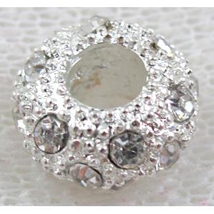 alloy bead with rhinestone, silver plated, 11-12mm dia, hole:5mm