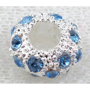 alloy bead with rhinestone, silver plated, 10-11mm dia, hole:5mm