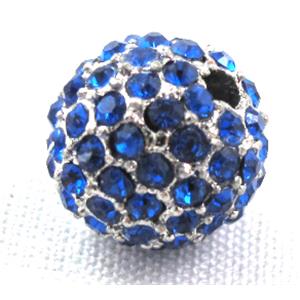 round beads, paved blue rhinestone, alloy, platinum plated, 10mm dia, 2.6mm hole