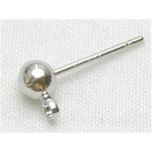 Earring Post, copper, platinum plated, 4mm ball, 14.3mm length