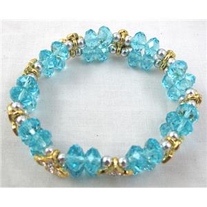 Chinese Crystal Glass Bracelet, rhinestone, stretchy, aqua, 60mm dia, bead:8mm, flower:9x9mm