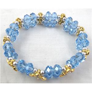 Chinese Crystal Glass Bracelet, rhinestone, stretchy, blue, 60mm dia, bead:8mm, flower:9x9mm