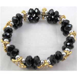 Chinese Crystal Glass Bracelet, rhinestone, stretchy, black, 60mm dia, bead:8mm, flower:9x9mm