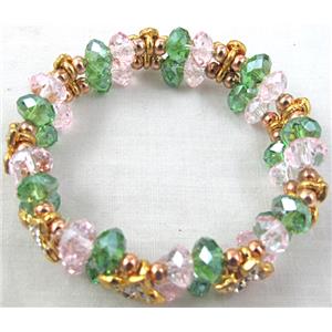 Chinese Crystal Glass Bracelet, rhinestone, stretchy, pink, green, 60mm dia, bead:8mm, flower:9x9mm