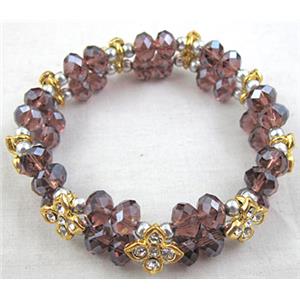 Chinese Crystal Glass Bracelet, rhinestone, stretchy, purple, 60mm dia, bead:8mm, flower:9x9mm