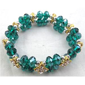 Chinese Crystal Glass Bracelet, rhinestone, stretchy, peacock-blue, 60mm dia, bead:8mm, flower:9x9mm