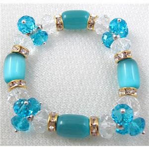 stretchy Bracelet with Chinese crystal beads, rhinestone, cat eye beads, aqua, 60mm dia, cat inchs eye bead:10x14mm, glass: 8mm, 10mm