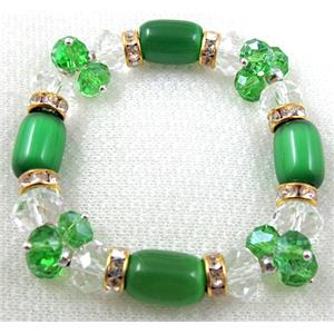 stretchy Bracelet with Chinese crystal beads, rhinestone, cat eye beads, green, 60mm dia, cat inchs eye bead:10x14mm, glass:8mm,10mm