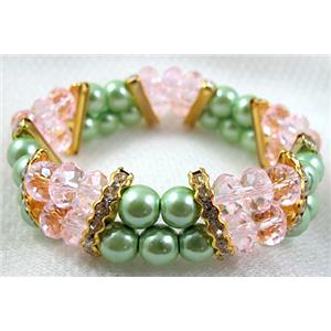 Chinese Crystal Beads Bracelet, stretchy, rhinestone, magnetic hematite, pink, 60mm dia,glass:8mm,Hematite bead:8mm