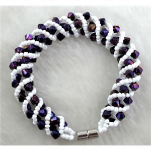 Chinese Crystal Glass Bracelet, purple rainbow, 10mm wide, 70mm dia, glass bead:4mm, seed bead:2mm