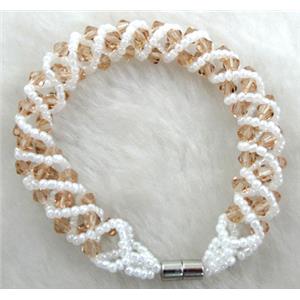 Chinese Crystal Glass Bracelet, golden champagne, 10mm wide, 70mm dia, glass bead:4mm, seed bead:2mm