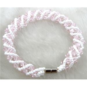 Chinese Crystal Glass Bracelet, pink, 10mm wide, 70mm dia, glass bead:4mm, seed bead:2mm