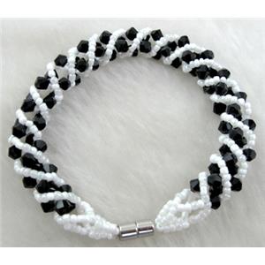 Chinese Crystal Glass Bracelet, black, 10mm wide, 70mm dia, glass bead:4mm, seed bead:2mm