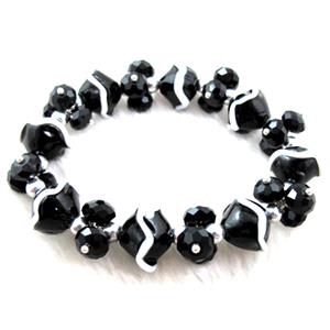 Crystal Glass Bracelet, stretchy, black, 16mm dia, 8mm dia, 8 inch length