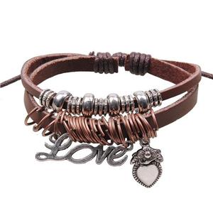 handmade bracelet with leather, alloy bead, approx 16-18cm length