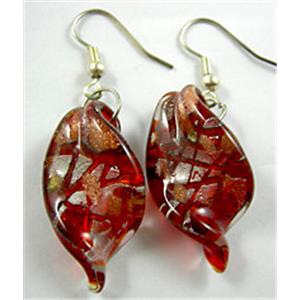 Red twist Leaf Lampwork Fashion Earring, 17x30mm, 50mm length