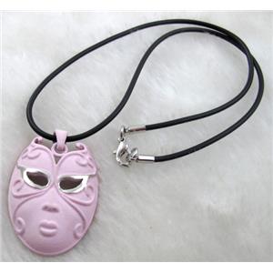 lacquered mask Necklace, alloy, rubber cord, pink, 30x45mm, 16 inch length