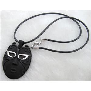 lacquered mask Necklace, alloy, rubber cord, black, 30x45mm, 16 inch length