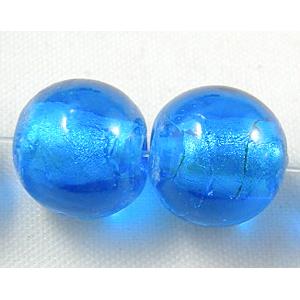 Lampwork Glass Beads with silver foil, round, blue, 12mm dia, 33pcs per st