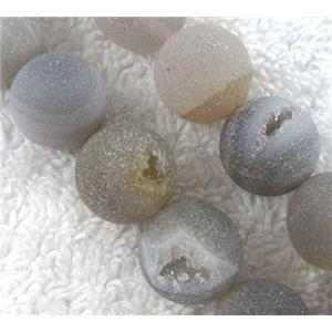 agate bead with geode, druzy, matte, round, grey, approx 12mm dia, 31pcs per st