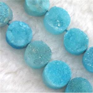 blue druzy quartz bead, flat round, approx 12mm dia, 16pcs per st