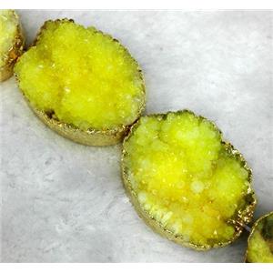 yellow druzy quartz bead, oval, gold plated, approx 20x30mm, 6pcs per st