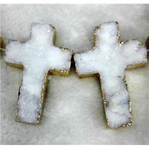 white druzy quartz cross beads, gold plated, approx 33-48mm, 5pcs per st