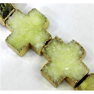 yellow druzy quartz beads, cross, approx 25x25mm, 6pcs per st