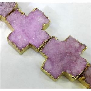 pink quartz druzy beads, cross, approx 25x25mm, 6pcs per st