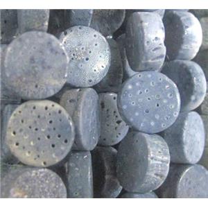 blue coral fossil stone bead, flat-round, approx 14mm dia