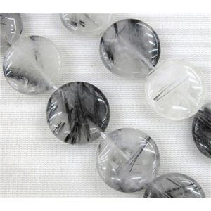 black rutilated quartz beads, flat round, approx 20mm dia