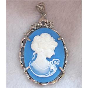 Victorian Lady Portrait Cameo resin pendant, platinum plated, approx 37x56mm