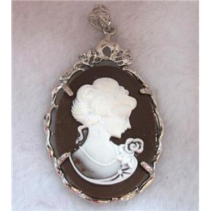 Victorian Lady Portrait Cameo resin pendant, platinum plated, approx 37x56mm