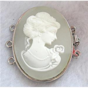 Victorian Lady Portrait Cameo, resin connector for necklace, bracelet, platinum plated, approx 33x42mm