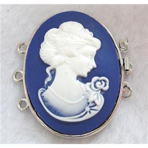 Victorian Lady Portrait Cameo, resin connector for necklace, bracelet, platinum plated, approx 33x42mm