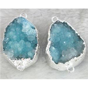 blue druzy quartz connector, freeform, silver plated, approx 20x30mm