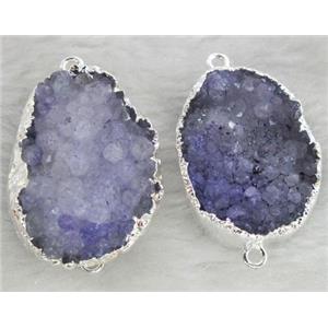 purple druzy quartz connector, freeform, silver plated, approx 20x30mm