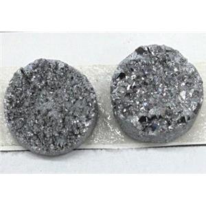 druzy quartz cabochon, flat-round, silver plated, approx 16mm dia