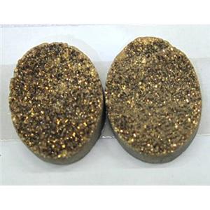 quartz druzy cabochon, oval, gold plated, approx 13x18mm