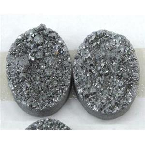 quartz druzy cabochon, oval, silver plated, approx 22x30mm