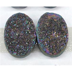 quartz druzy cabochon, oval, rainbow electroplated, approx 18x25mm