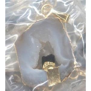 druzy agate slice pendant, freeform, paved tourmaline, gold plated, approx 20-40mm