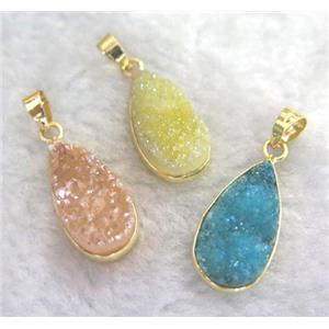 druzy quartz pendant, teardrop, mixed color, approx 10x20mm