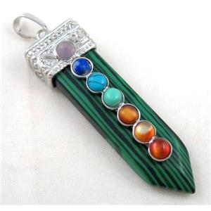 Malachite Chakra pendant, paved gems, bullet, approx 16x55mm