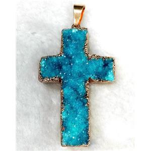 aqua druzy quartz pendant, cross, gold plated, approx 34-50mm