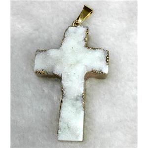 white druzy quartz pendant, cross, gold plated, approx 34-50mm