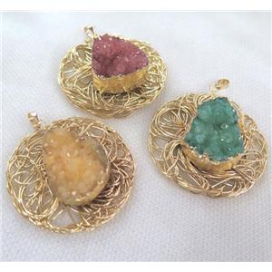 druzy quartz pendant, gold plated, mixed color, approx 60mm dia