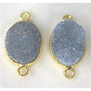 druzy quartz connector, oval, lt.blue AB-color, approx 12x16mm