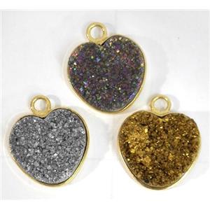 druzy quartz pendant, heart, mixed color, approx 14mm dia